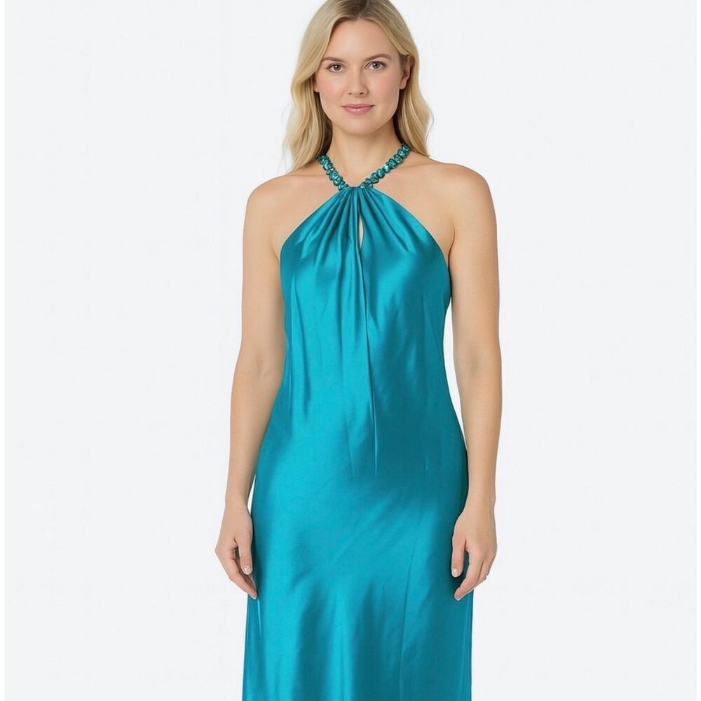 Stunning Jason Wu Turquoise Satin Halter Chain Midi Dress